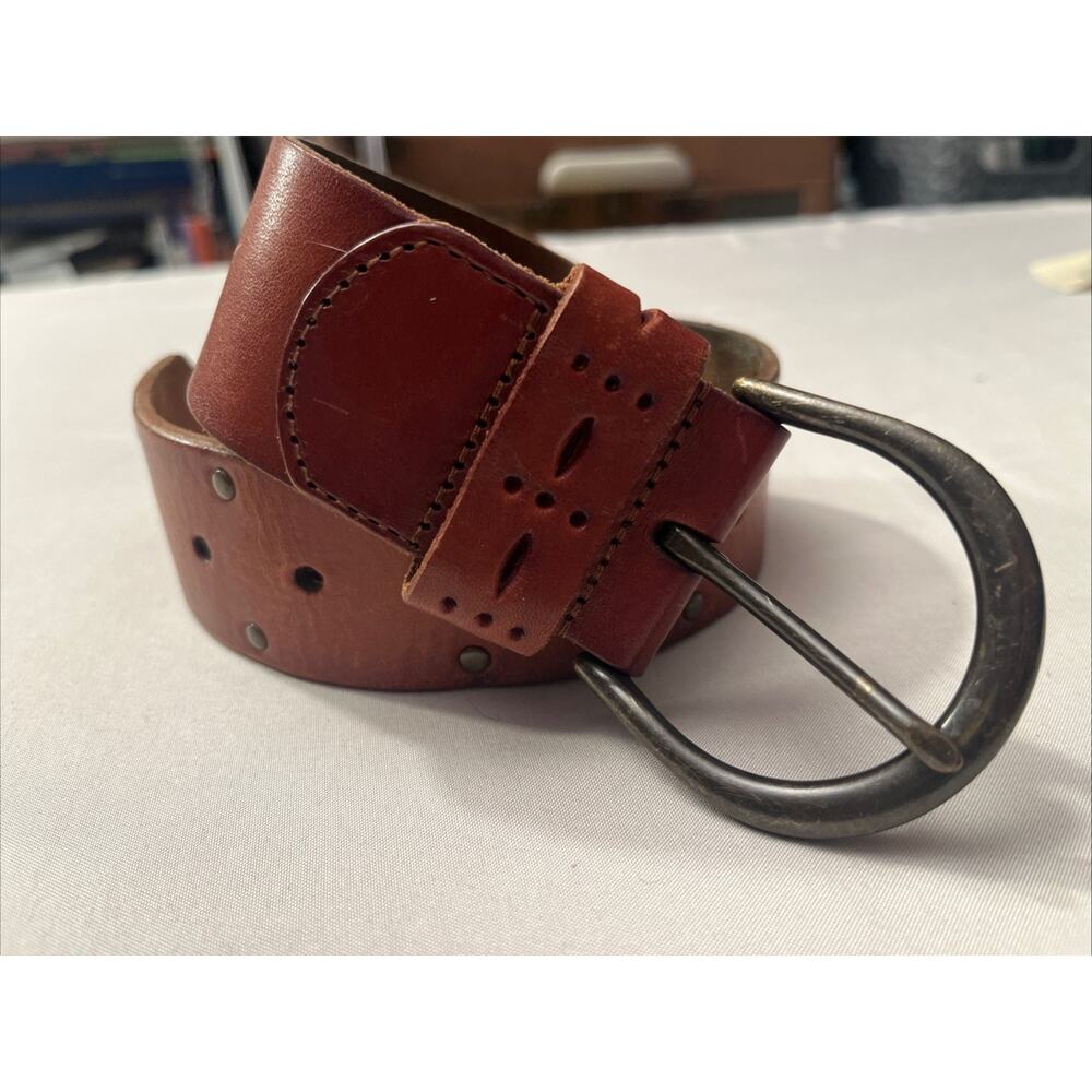 American Eagle Belt Genuine Leather Womens XL Brown Cut Out Boho Rivets